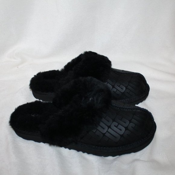 NIB‎ UGG LOGO WOMEN'S SUEDE SHEARLING COZY SLIDE SLIPPERS BLACK - Picture 4 of 11